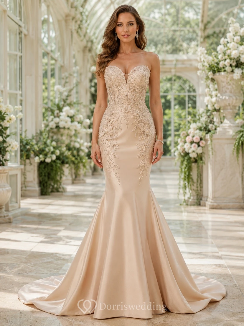 Champagne Sexy V-neck Sleeveless Lace-Tulle Mermaid Sweep-Train Evening Dress