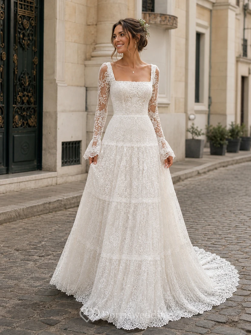 Vintage Boho Lace Wedding Dress with Square Neckline, Long Sleeves & Tiered A-Line Skirt view 10