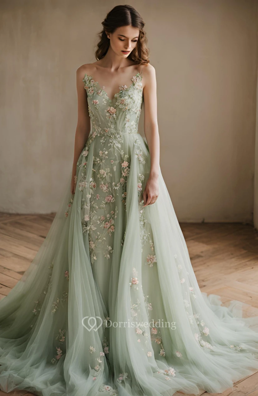 Robe de soirée vert clair à bretelles et imprimé floral