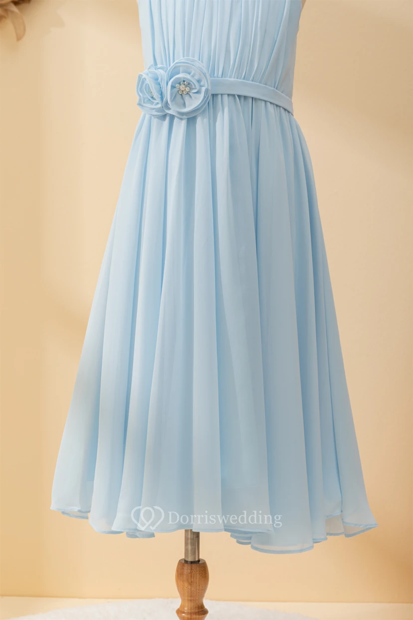 Chiffon Ruffled Short Pleated Sky Blue Flowergirl Dress with Petals view 7