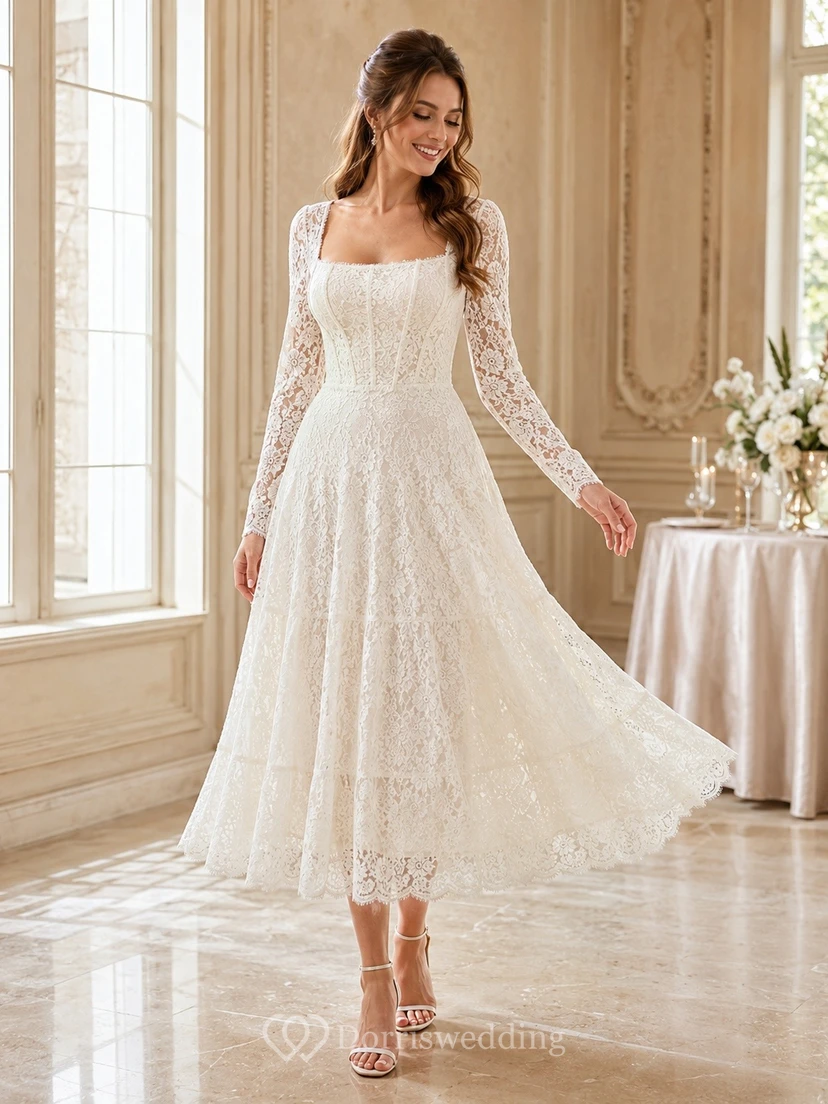 Square Neck Long Sleeve Lace Tulle A-Line Floor-Length Wedding Dress