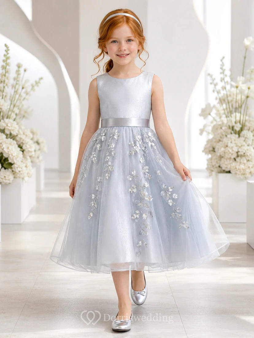 Silver Flower Girl Dress Tea-Length Metallic Satin Tulle A-Line Sleeveless Bateau Botanical Applique Skirt