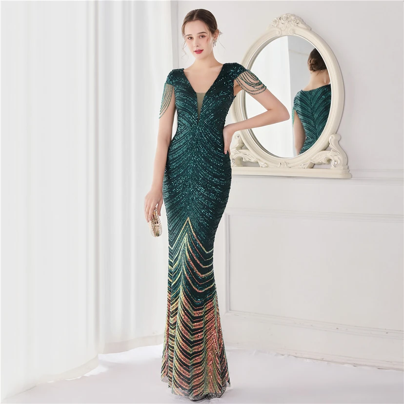 Paillettenbesetztes, handwerklich perfekt gefertigtes, perlenbesetztes Party-Abendkleid – sexy langes Kleid für die Braut view 22