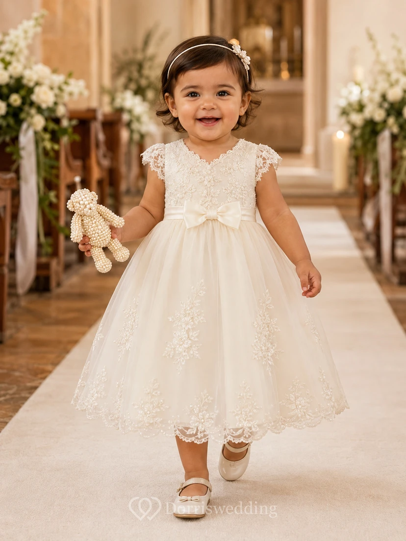 Robe de baptême pour bébé, coupe trapèze, corsage en dentelle brodé à la main, longueur thé, romantique, élégante et adorable en tulle