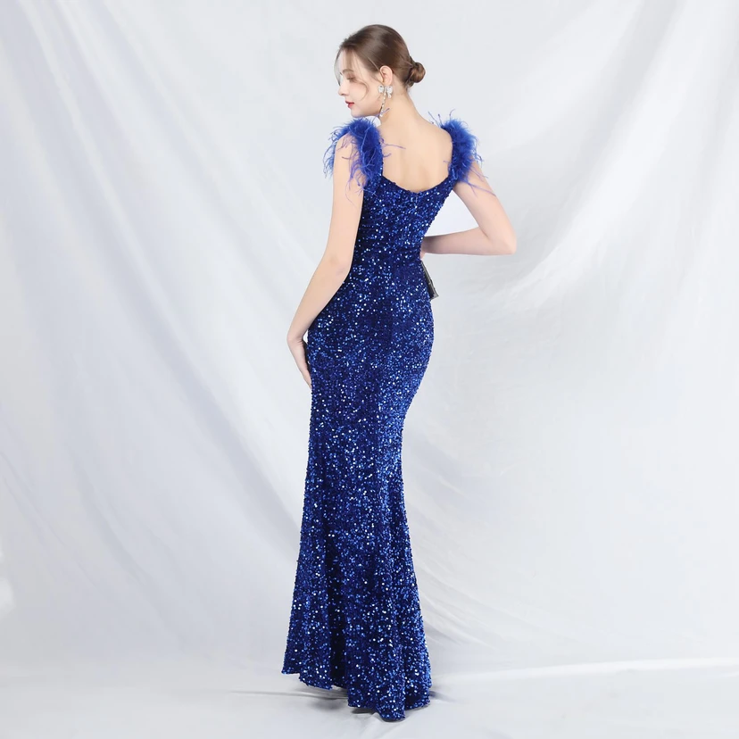Craft Beaded Ostrich Feather Plush Sequined Long Evening Dress view 24