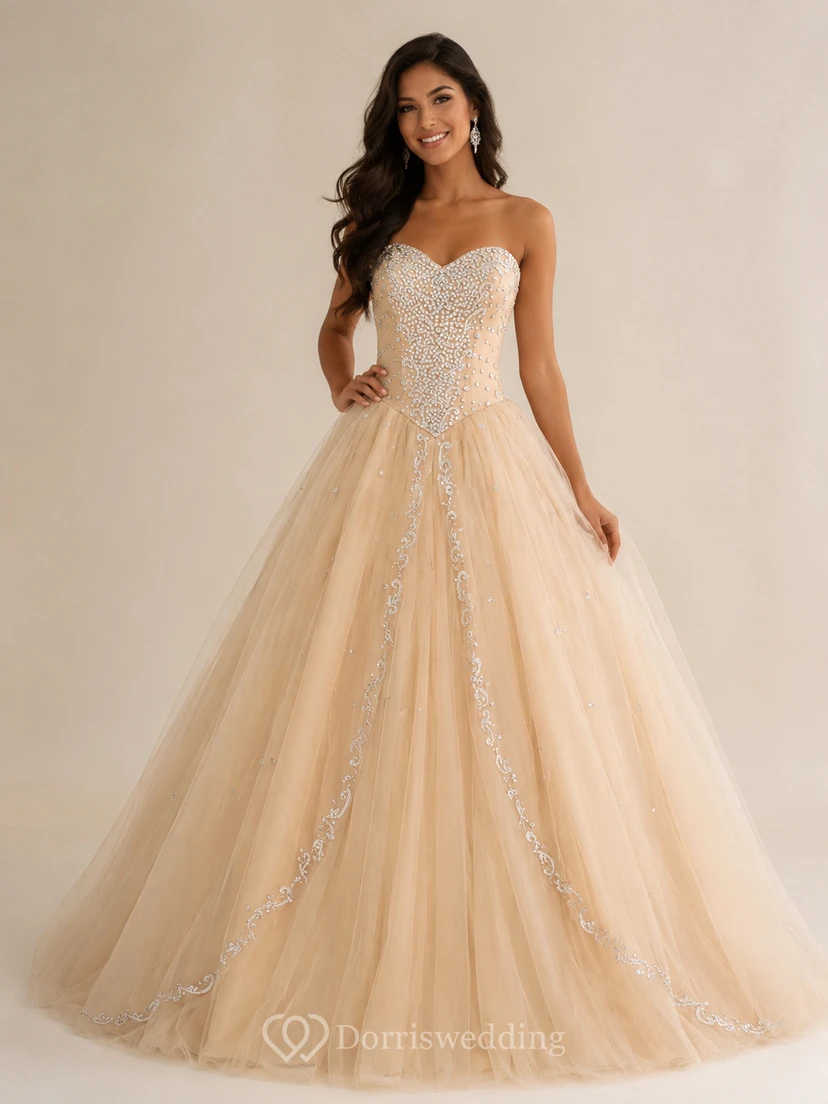 Ball Gown Long Sweetheart Sleeveless Bell Beading Appliques Lace-Up Back Tulle Lace Dress view 6