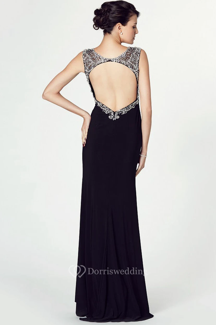 Floor-Length V-Neck Beaded Sleeveless Jersey Prom Dress view 2