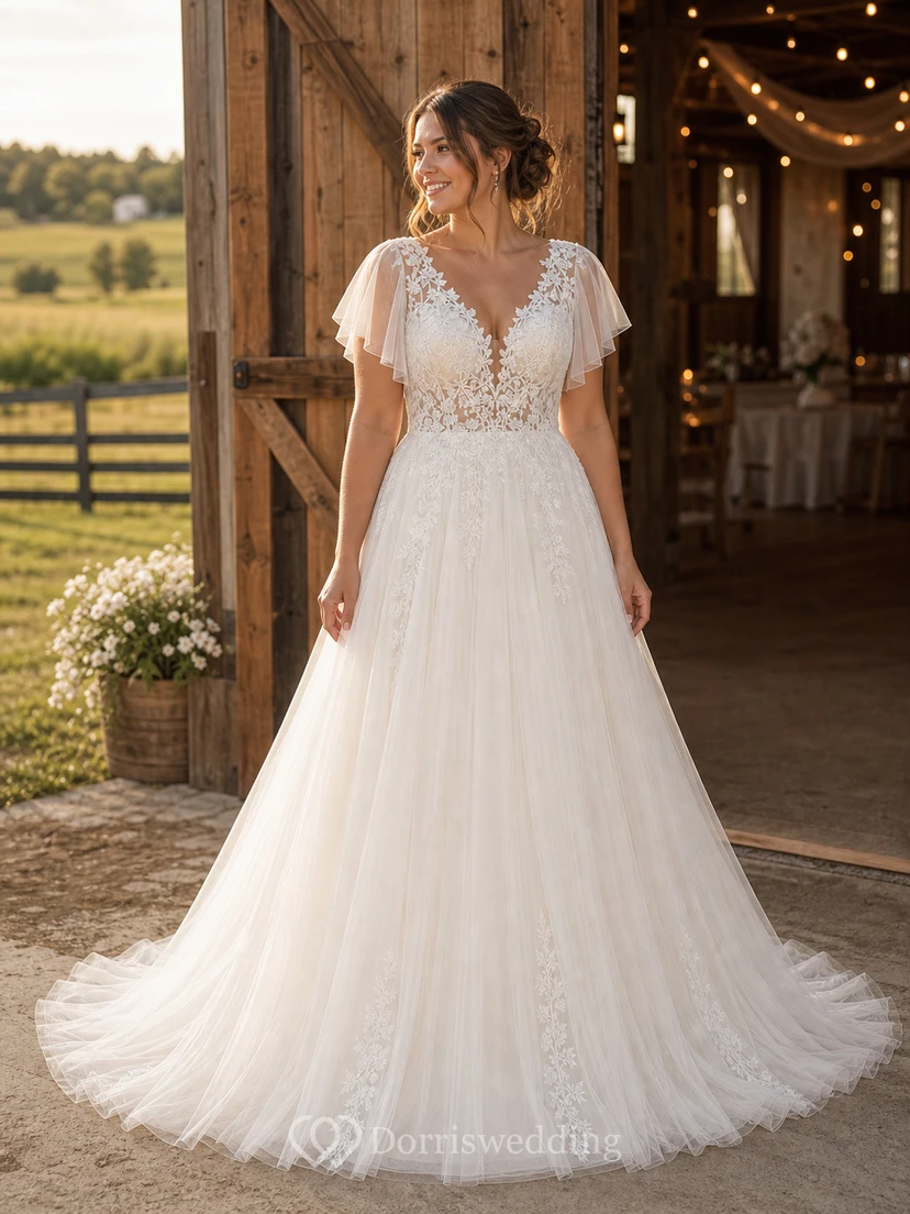 Robe de mariée bohème trapèze avec manches papillon et corsage en dentelle view 12