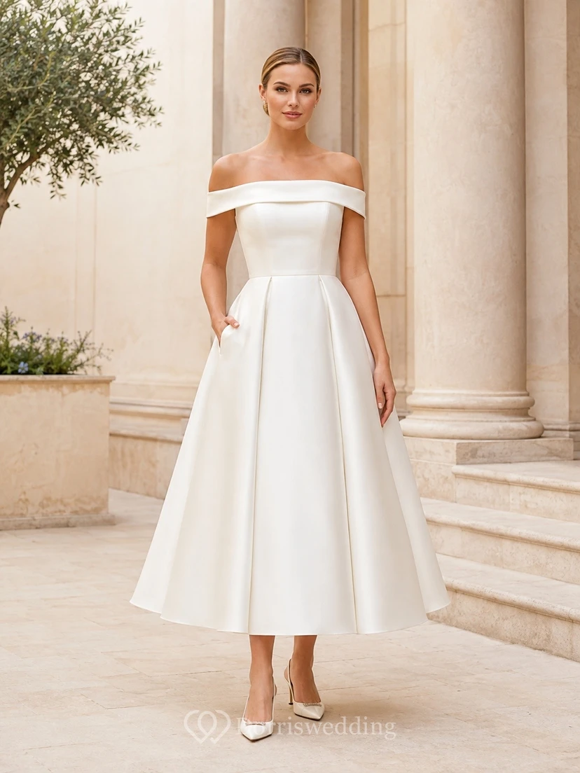 Off-Shoulder Sleeveless Satin A-Line Tea-Length Modern Wedding Dress