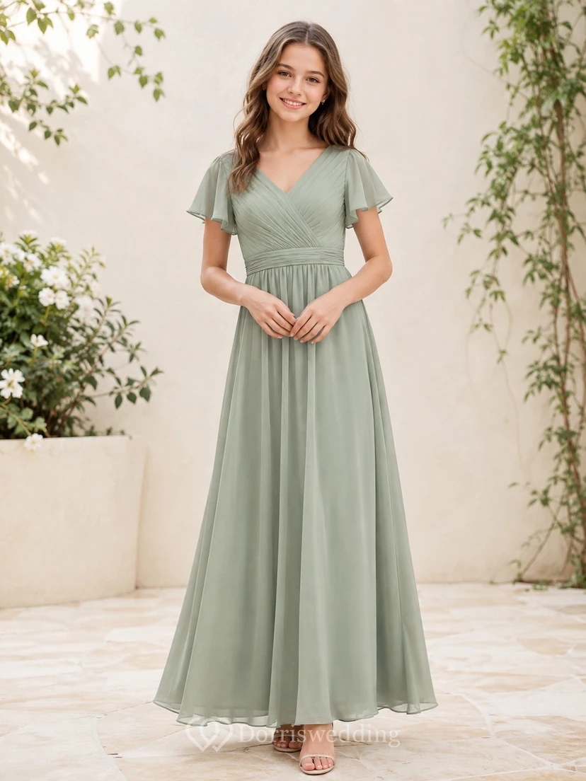 Celadonfarbenes Brautjungfernkleid für junge Mädchen, A-Linie, V-Ausschnitt, kurze Blütenblattärmel, Chiffon, schlicht