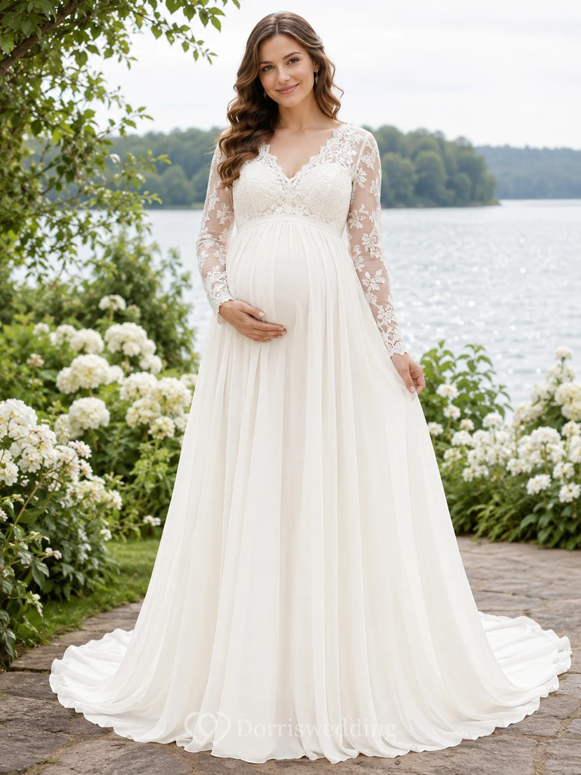 Vestido de novia premamá con escote en V y mangas largas de encaje para bodas junto al lago