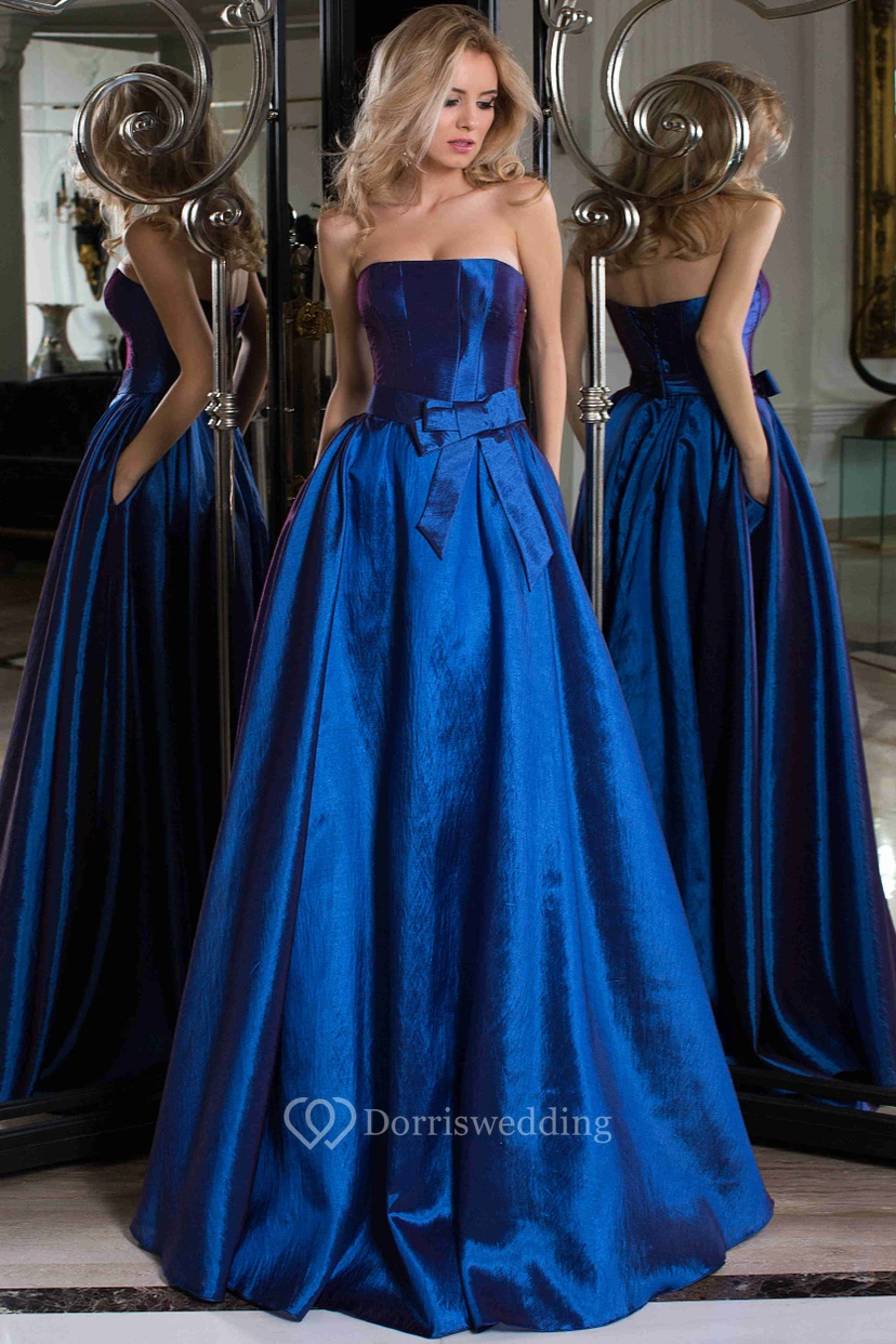 A-Line Long Strapless Sleeveless Bowed Satin Prom Dress With Corset Back And Brush Train