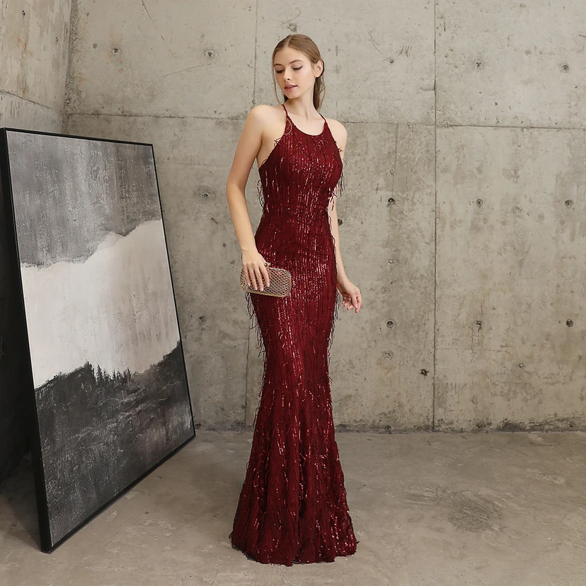 Vestido de noche elegante con borla de hilo de seda de poliéster y lentejuelas estilo cola de pez para banquetes, reuniones y eventos. Ideal para anfitriones. Modelo de coche. Otoño. view 42