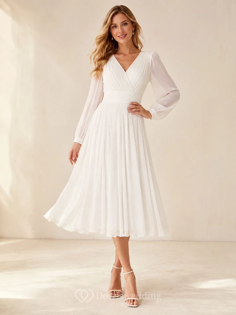 Robe de mariée romantique en mousseline plissée à col en V et manches poétiques, style jardin de thé