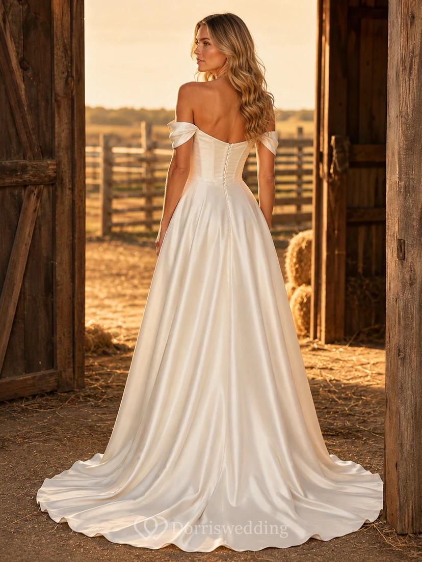 Robe de mariée de maternité à épaules dénudées, coupe trapèze simple, idéale pour la plage, avec traîne fluide view 2