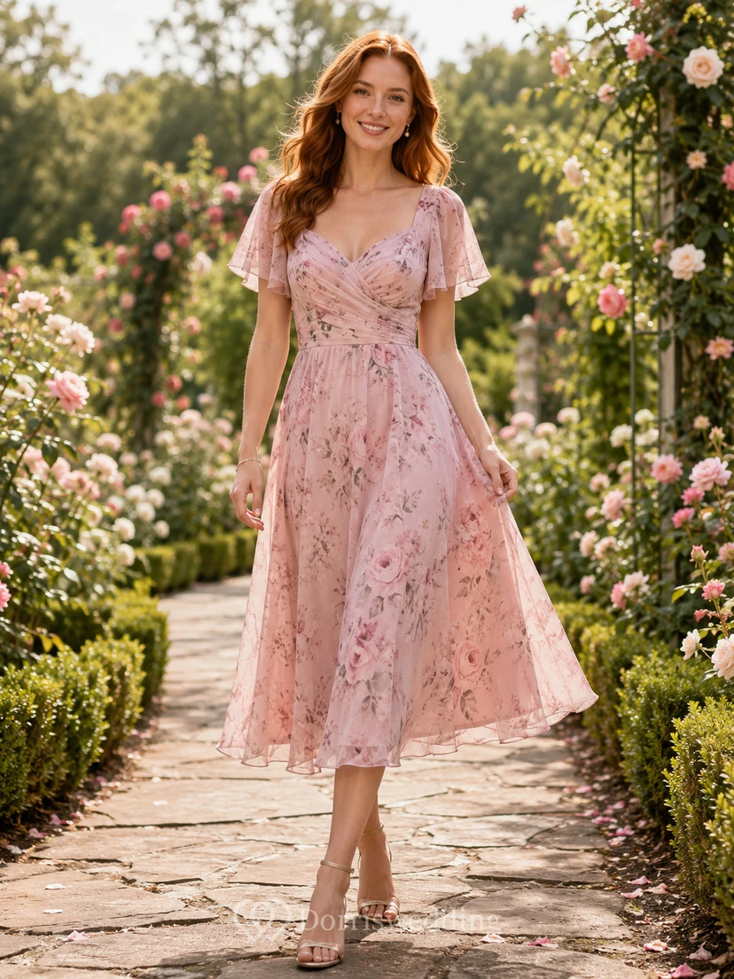 Blush Spring Garden Wedding Guest Dress A-Line Chiffon V-Neck Short Sleeve Tea-Length Floral