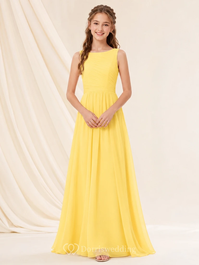 Vestido de dama de honor juvenil Daffodil, corte en A, sin mangas, plisado, sencillo.