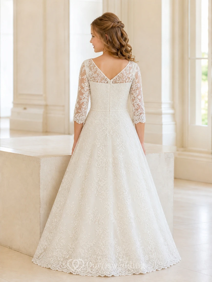 Romantic Flower Girl Floor-length A-Line Bateau Lace Sleeve Dress view 2