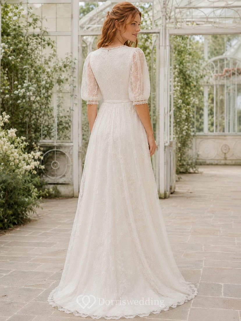 Elegant Chiffon Lace Deep V Three Quarter Sleeve A-Line Sweep Train Bodice Estate Wedding Dress view 2