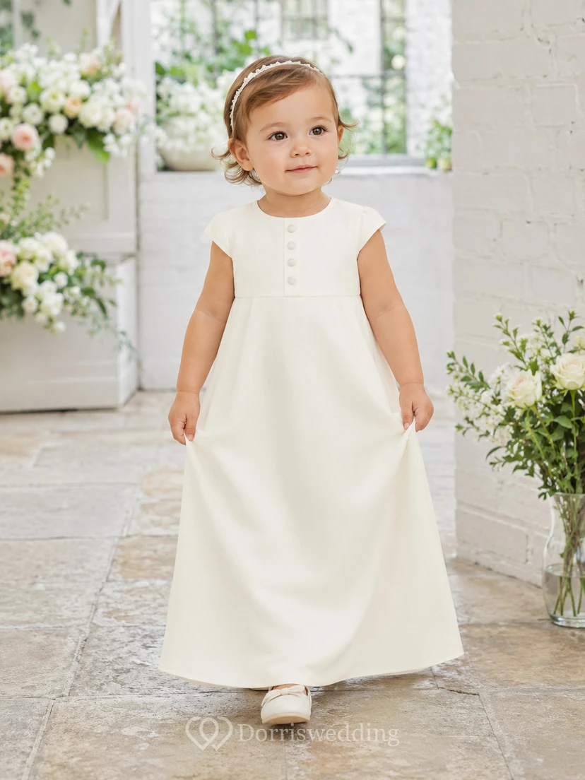 Robe de baptême minimaliste pour bébé, coupe trapèze, longueur cheville, col rond, sans manches, en satin, boutonnée sur le devant et au dos.