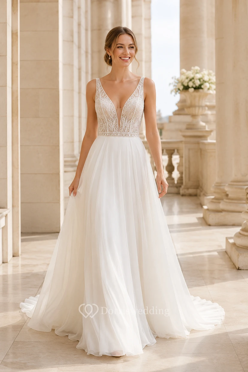 Brautkleid aus Chiffon in A-Linie mit V-Ausschnitt, Spitzenoberteil und Kapellenschleppe