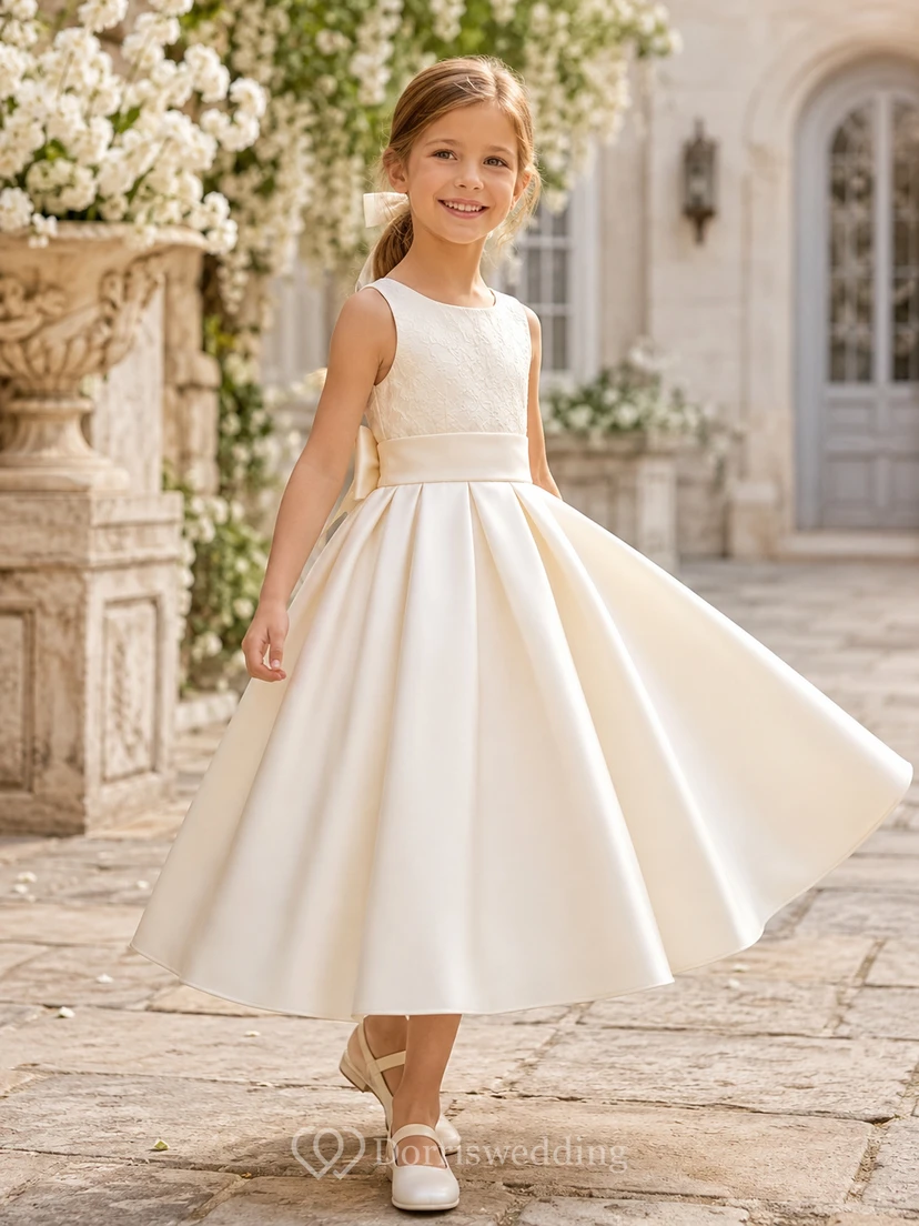 Klassisches A-Linien-Kleid aus Tüll mit Schleife für Blumenmädchen, kurzen Ärmeln, Rundhalsausschnitt, wadenlangem Rock und Schleifendetail.