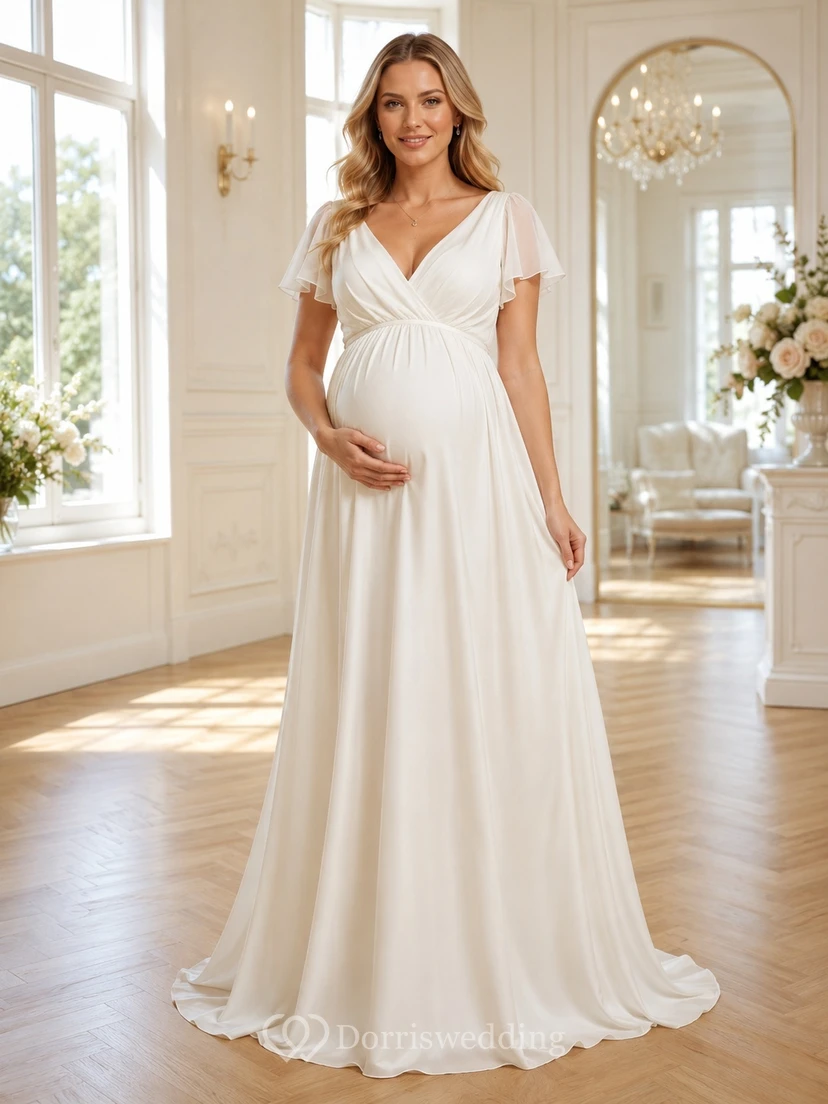 Umstands-Hochzeitskleid aus Chiffon mit V-Ausschnitt, Falten und kurzen Ärmeln, bodenlang