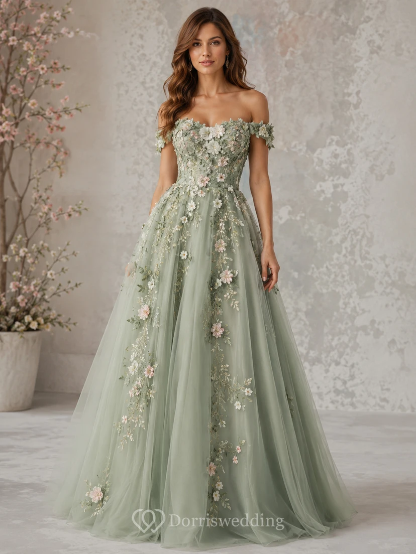 A-Linien-Abendkleid aus Spitze mit schulterfreiem, ärmellosem Design und Blumenapplikationen, bodenlang