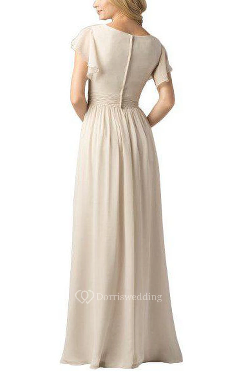 Vestido largo de dama de honor blanco de gasa con escote en V y mangas mariposa view 2