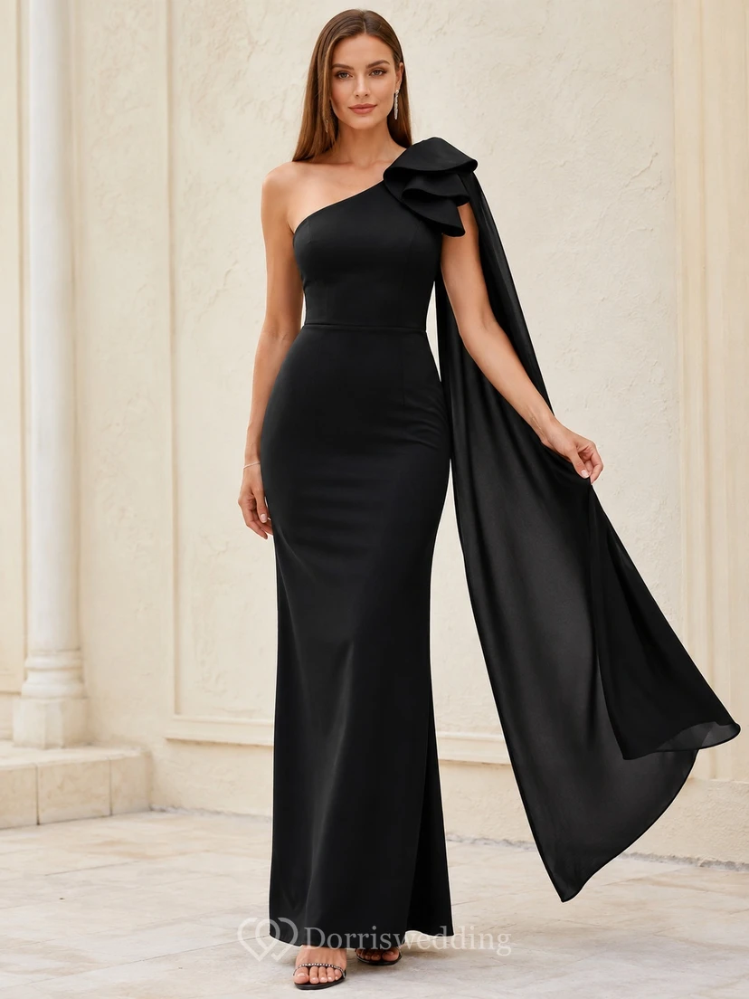 Black Satin One-shoulder Bow Cape Floor-length Elegant Evening Dress