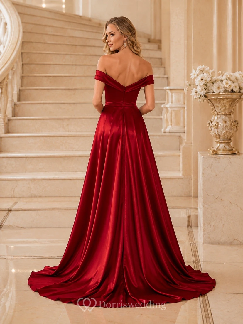 Red Off Shoulder Satin A-Line Floor-Length Split Prom Dress view 2