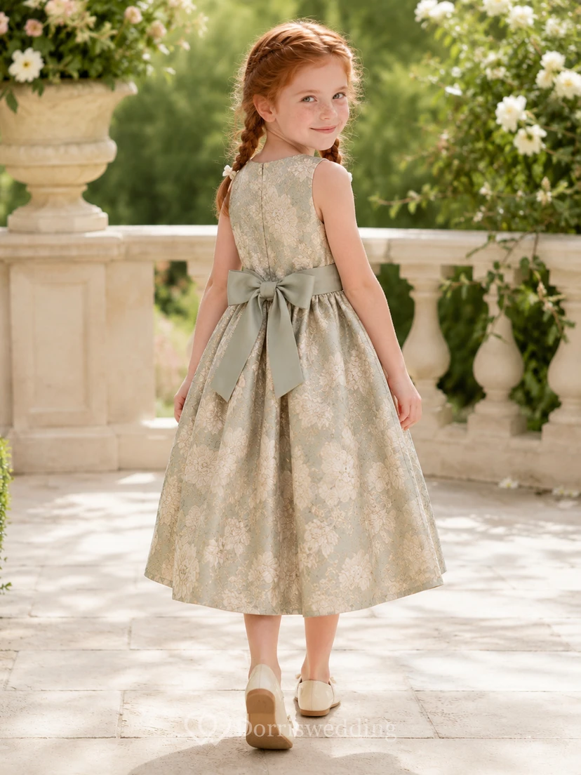Robe de demoiselle d'honneur mi-longue trapèze en brocart botanique sauge, col rond sans manches, ceinture à nœud, style jardin. view 2