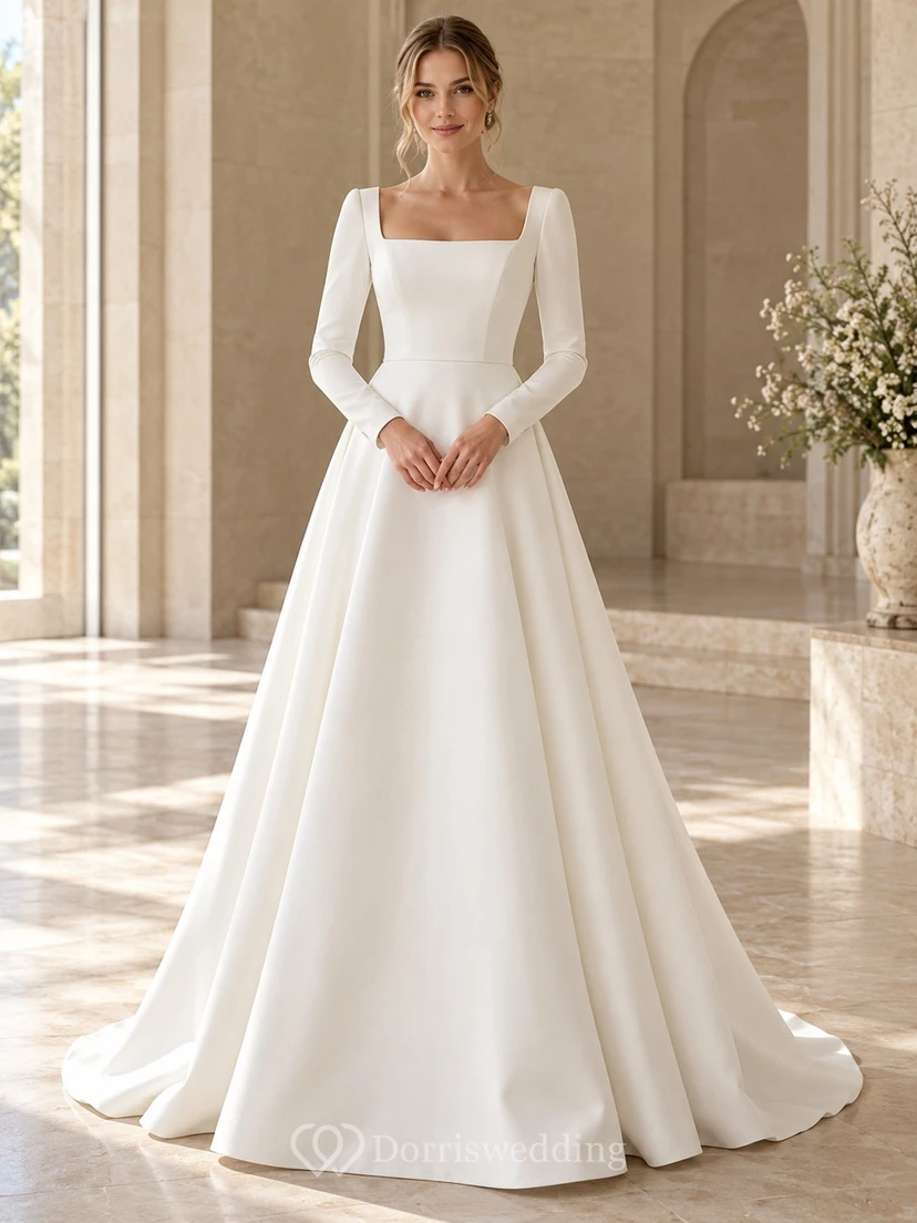 Simple Square Neck Long Sleeve Satin A-Line Wedding Dress