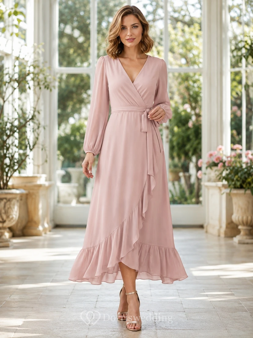 Dusty Rose Chiffon V-neck Poet Sleeve Ruffled Floor-length Ceremony Dress