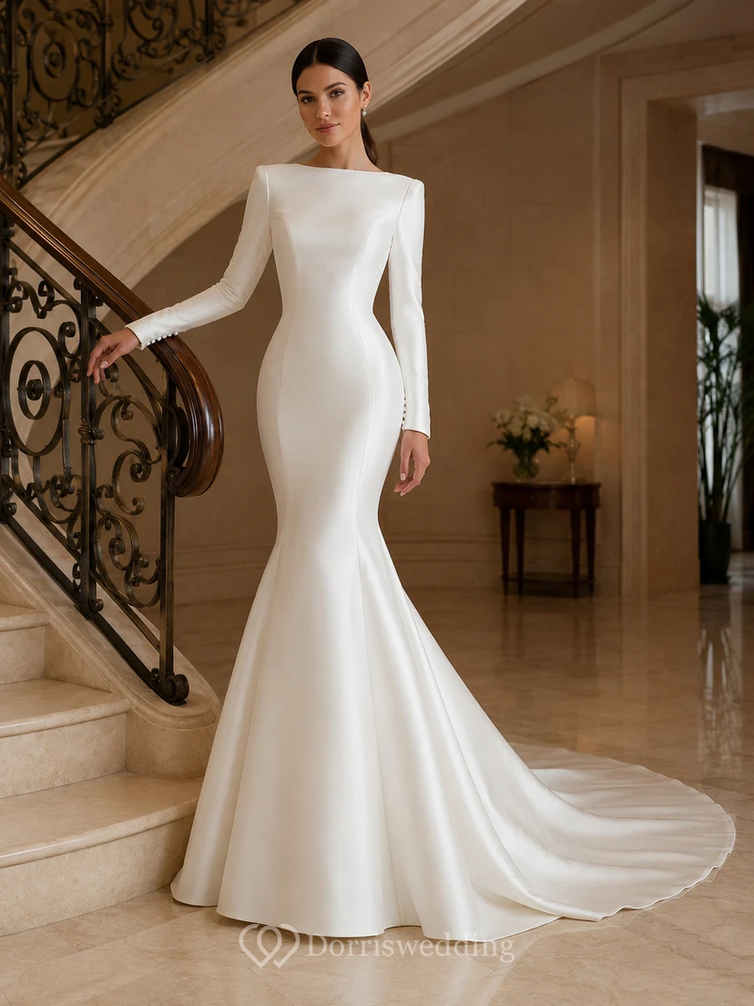 Robe de mariée sirène minimaliste en satin à manches longues et décolleté plongeant, dos nu en V et traîne chapelle