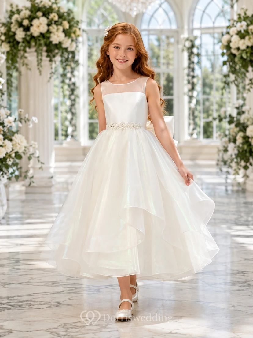 Flower Girl Dress A-Line Cream Satin Tulle Sleeveless Bow Ceremony