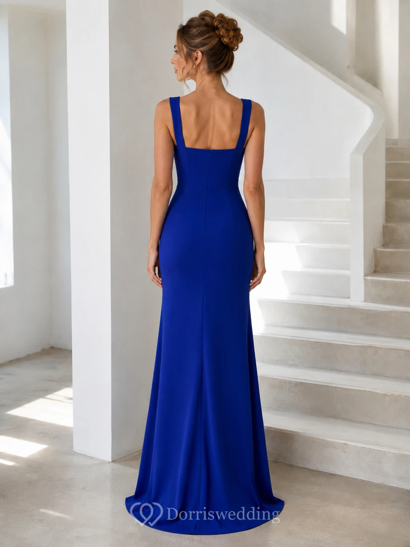 Royal Blue Square Neck Wide Strap Satin Sheath Front Slit Prom Dress view 2