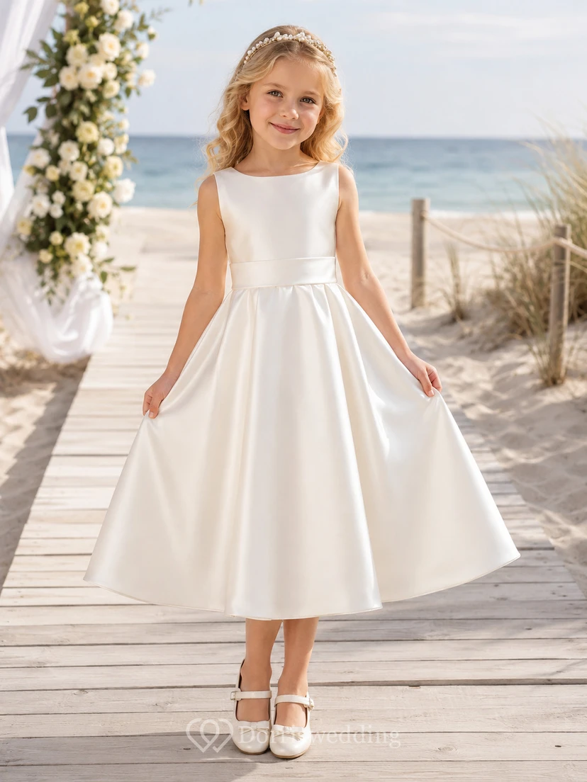 Robe de demoiselle d'honneur de plage en satin, longueur thé, coupe trapèze, avec nœud et corsage sans manches