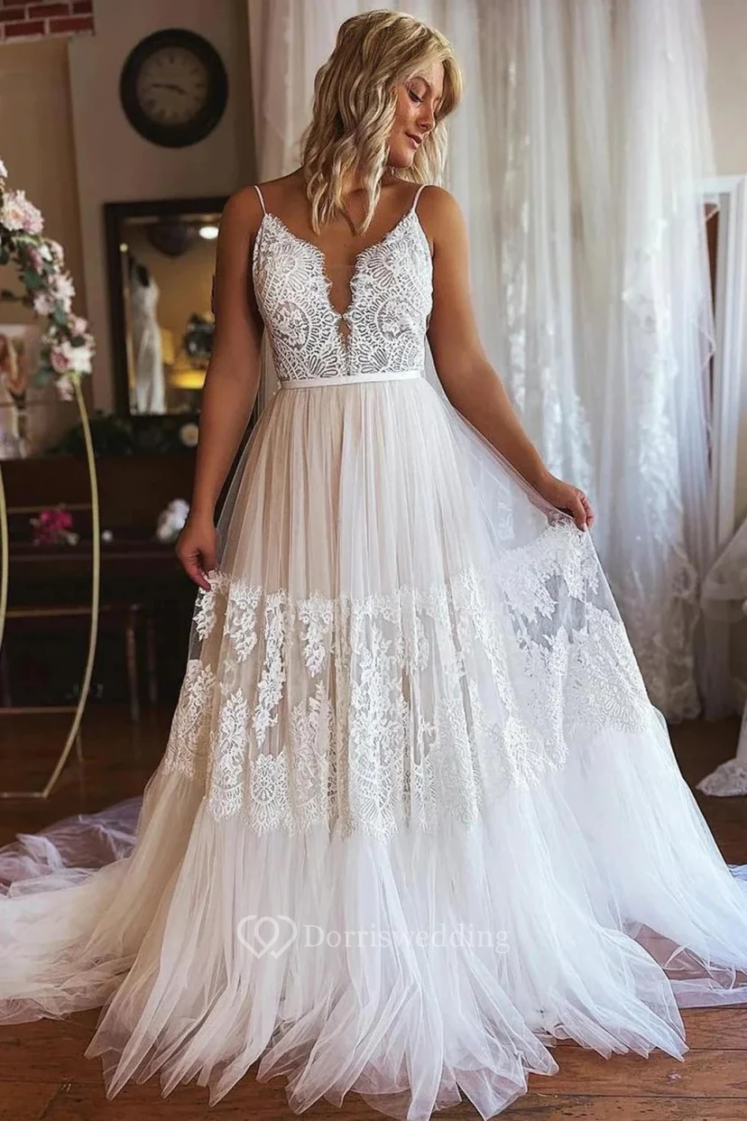 White Lace V-Neck Wedding Dress with Belt