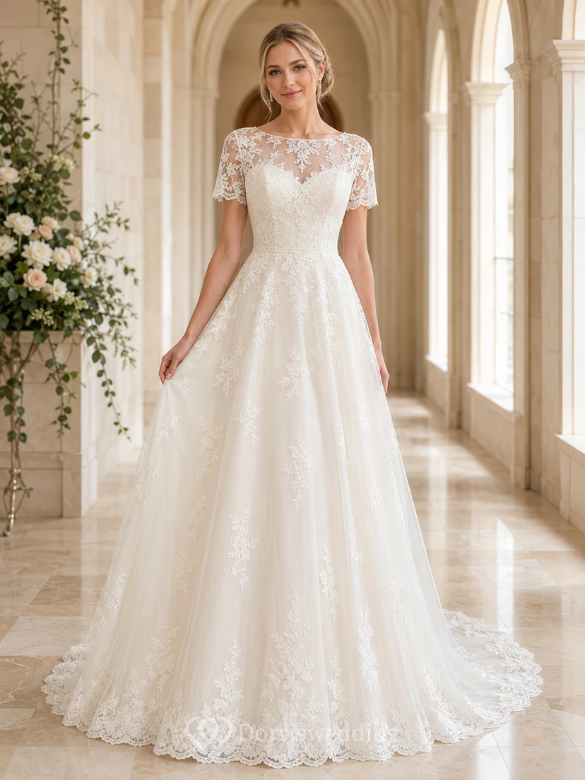 Vestido de novia romántico de corte A, modesto, largo hasta el suelo, con escote barco y mangas cortas de encaje.