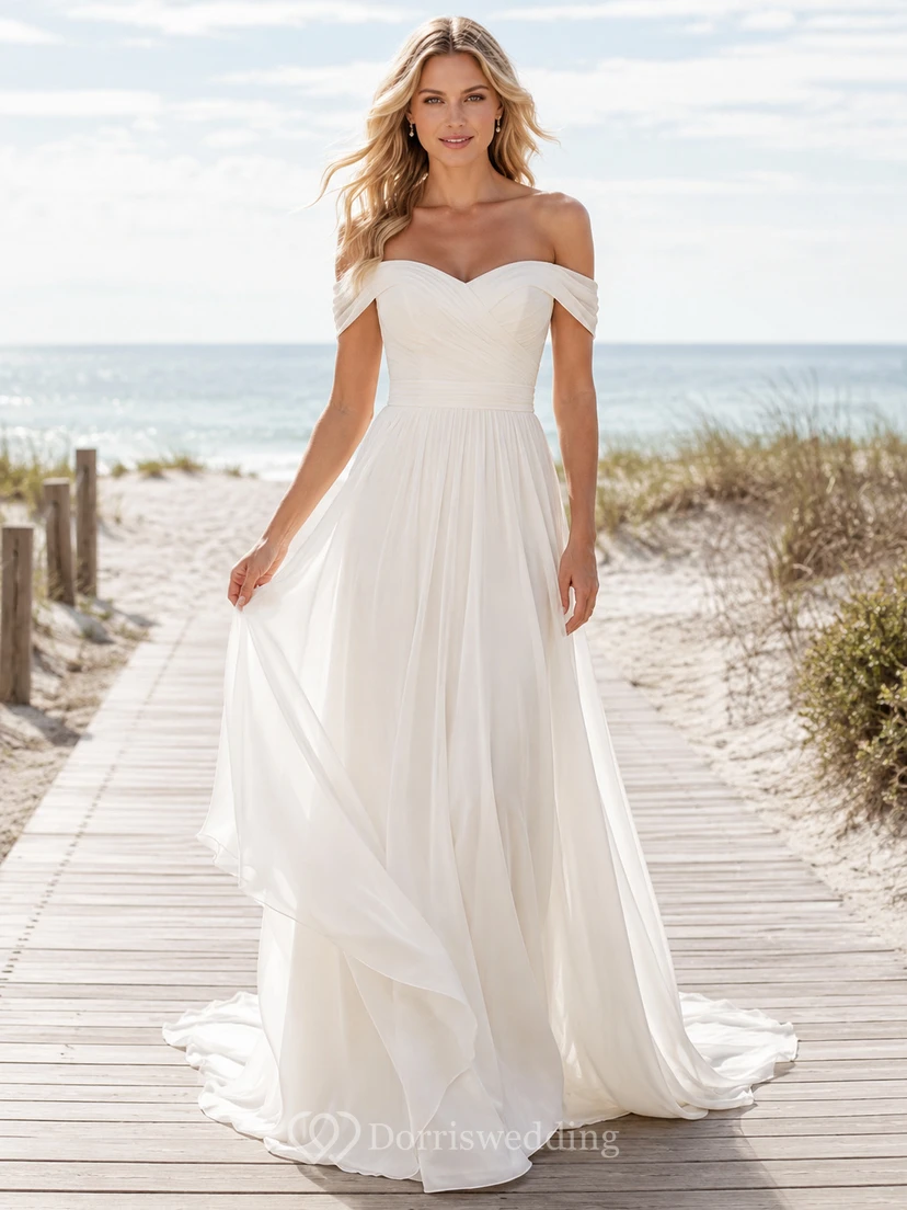 Robe de mariée de plage en mousseline de soie, coupe trapèze, bustier, longueur au sol
