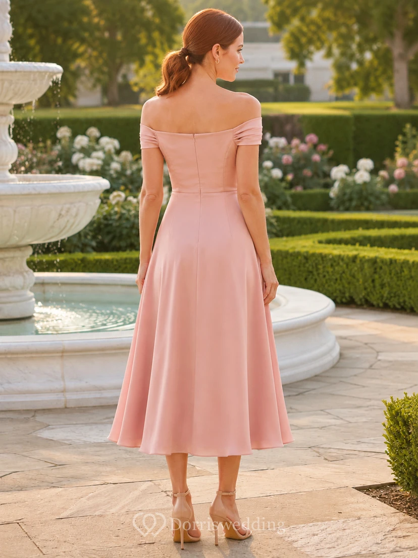 Blush Off-the-shoulder Satin Tea-length A-Line Dress view 2