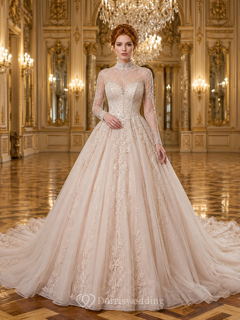 Vestido de novia de encaje y tul, estilo princesa, escote corazón, sin mangas, cola de capilla, con apliques.