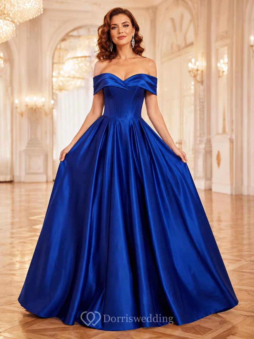 Royal blue off shoulder satin ball gown with full skirt