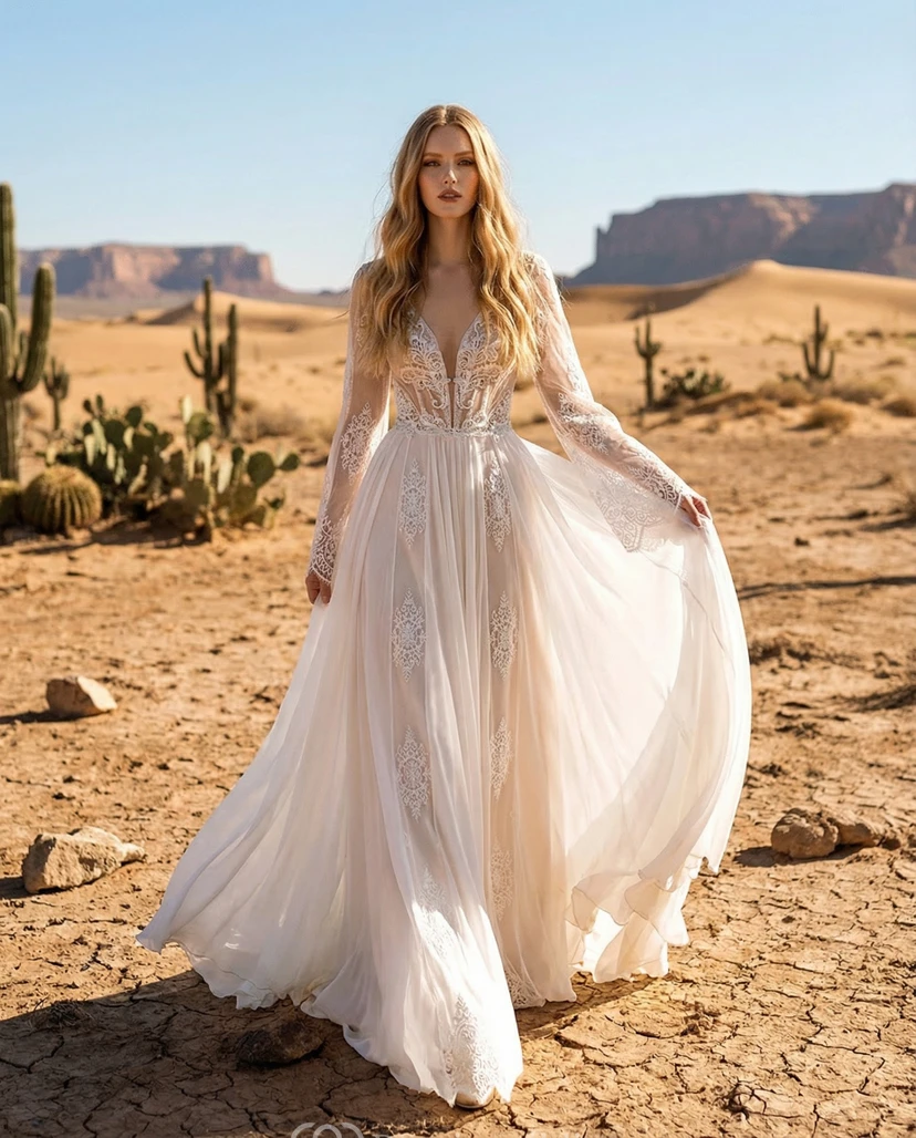 Vestido de novia estilo bohemio desértico de manga larga con escote en V profundo, encaje y gasa.