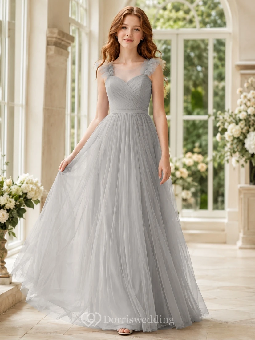 Vestido de dama de honor juvenil gris acero, corte en A, escote corazón, sin mangas, con volantes, estilo romántico.