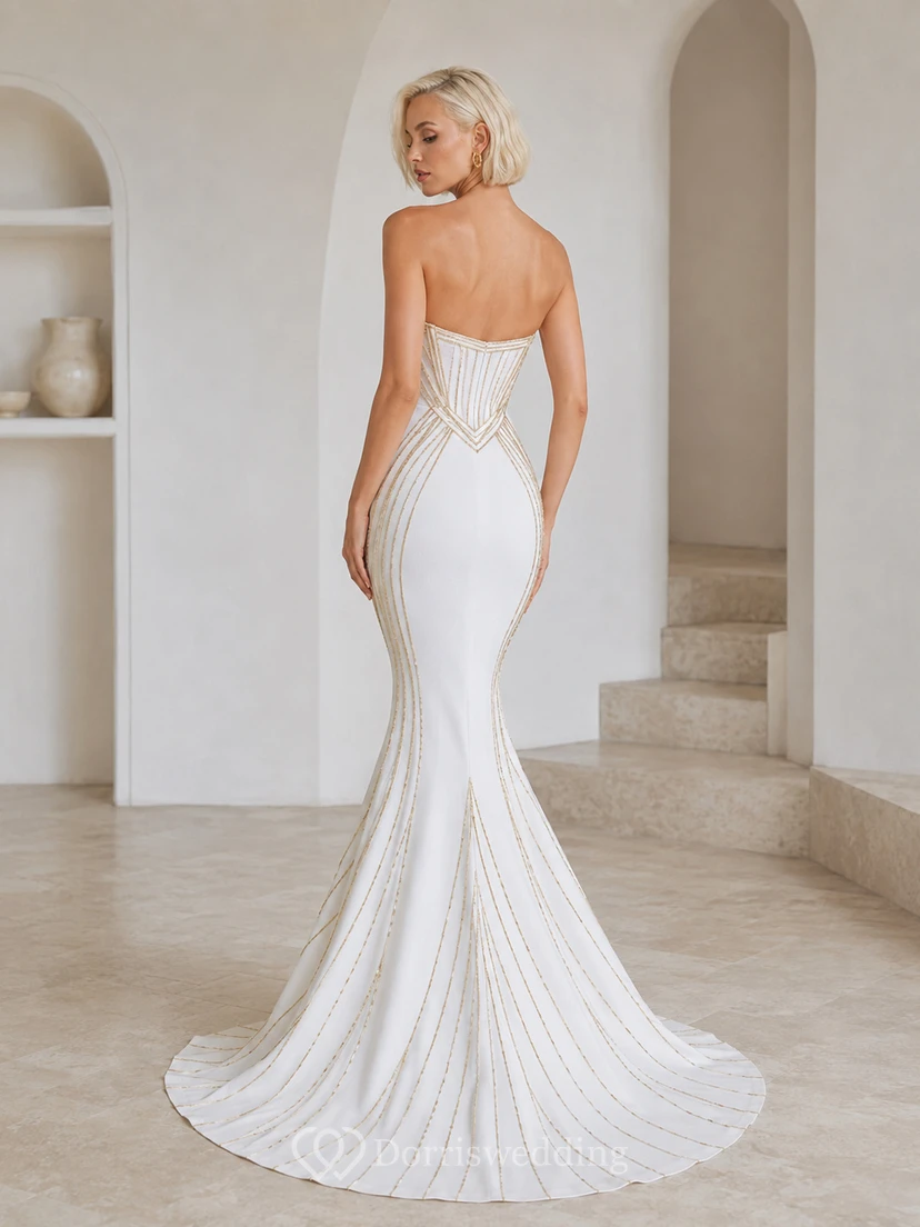 Robe de mariée sirène Art Déco longue sans bretelles en satin de luxe view 2