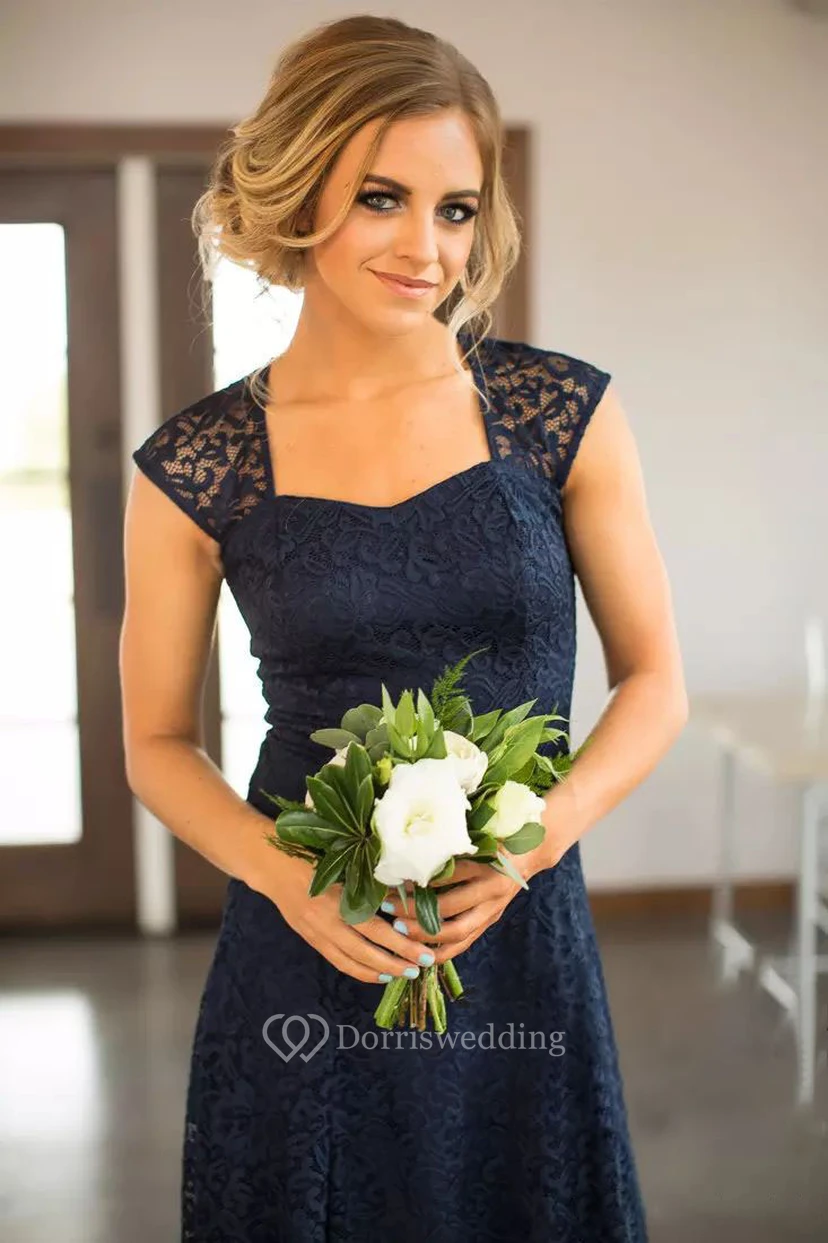 Romantic Adorable Short Mini Sheath Square Lace Simple Sleeveless Keyhole Blue Bridesmaid Dress