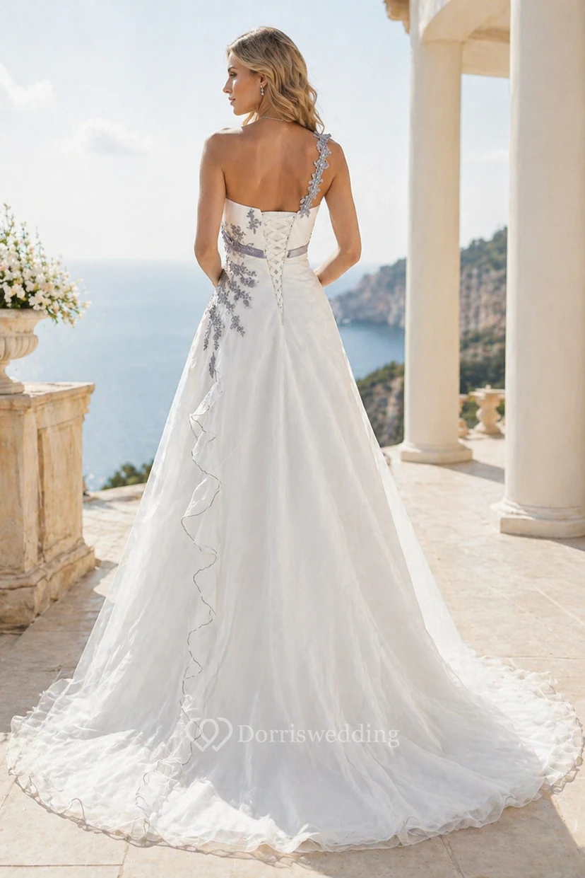 A-Line Long Sleeveless One-Shoulder Appliqued Satin Wedding Dress With Flower And Side Draping view 2