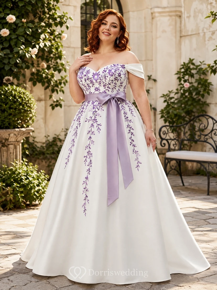 Purple Floral Plus Size A-Line Satin Bridal Dress Off-the-shoulder Short Sleeve Chapel Train